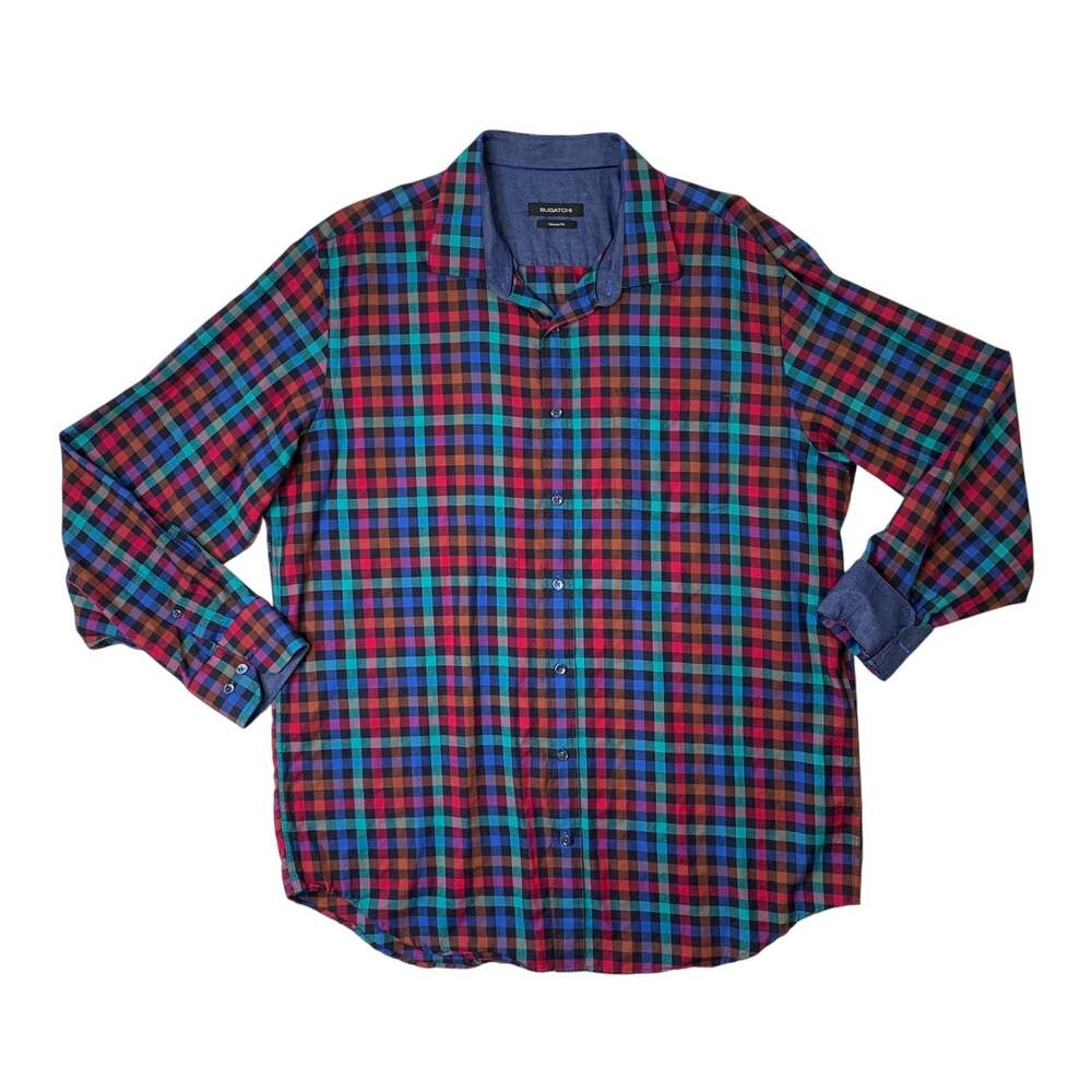 Bugatchi Dress Shirt Mens XL Extra Large Classic Fit Plaid Long Sleeve Flip Cuff